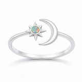 Sterling Silver Oxidized And Polished Moon And Star White Lab Opal Ring