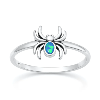 Sterling Silver Oxidized And Polished Spider Blue Lab Opal Ring