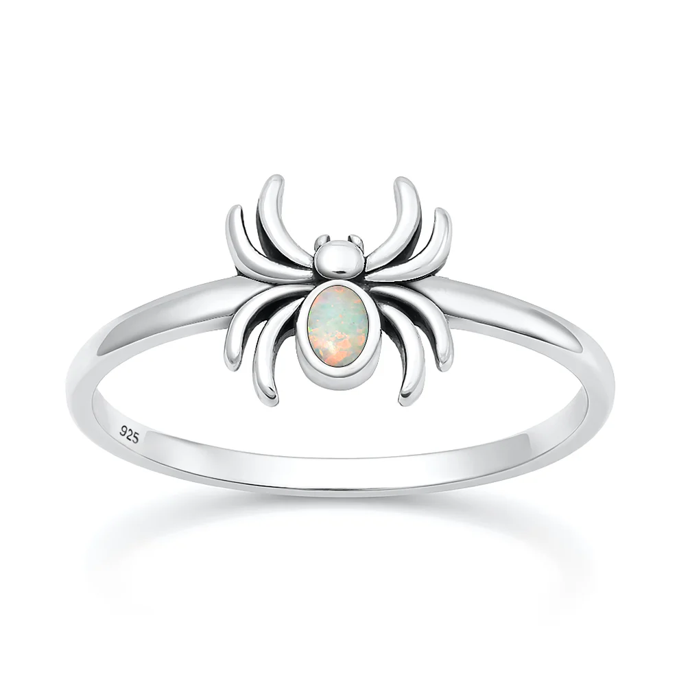 Sterling Silver Oxidized And Polished Spider White Lab Opal Ring
