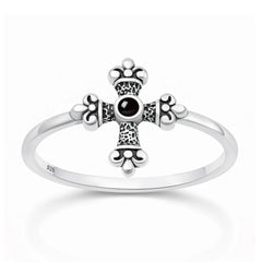 Sterling Silver Oxidized And Polished Medieval Cross Black Onyx Stone Ring