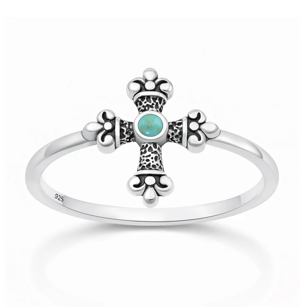 Sterling Silver Oxidized And Polished Cross Genuine Turquoise Stone Ring