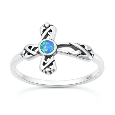 Sterling Silver Oxidized And Polished Cross Blue Lab Opal Ring