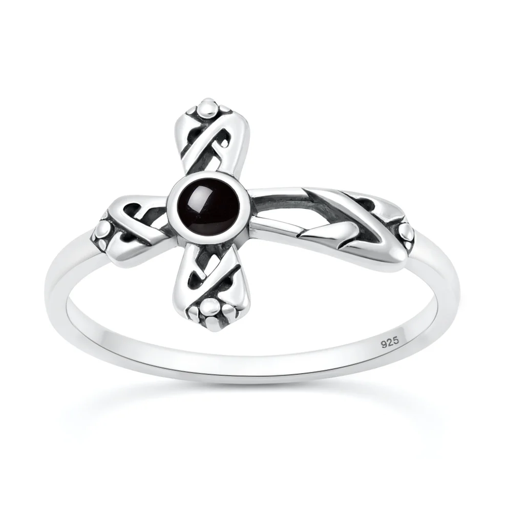 Sterling Silver Oxidized And Polished Cross Black Onyx Stone Ring