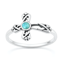 Load image into Gallery viewer, Sterling Silver Oxidized And Polished Cross Turquoise Stone Ring