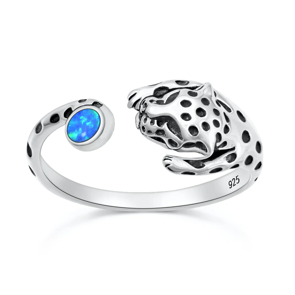 Sterling Silver Oxidized And Polished Cheetah Blue Lab Opal Ring