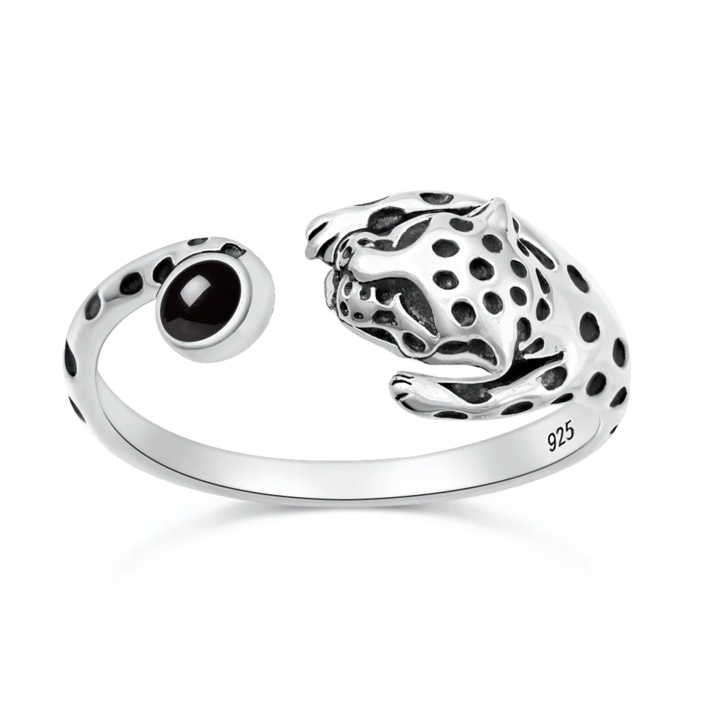 Sterling Silver Oxidized And Polished Cheetah Black Onyx Stone Ring
