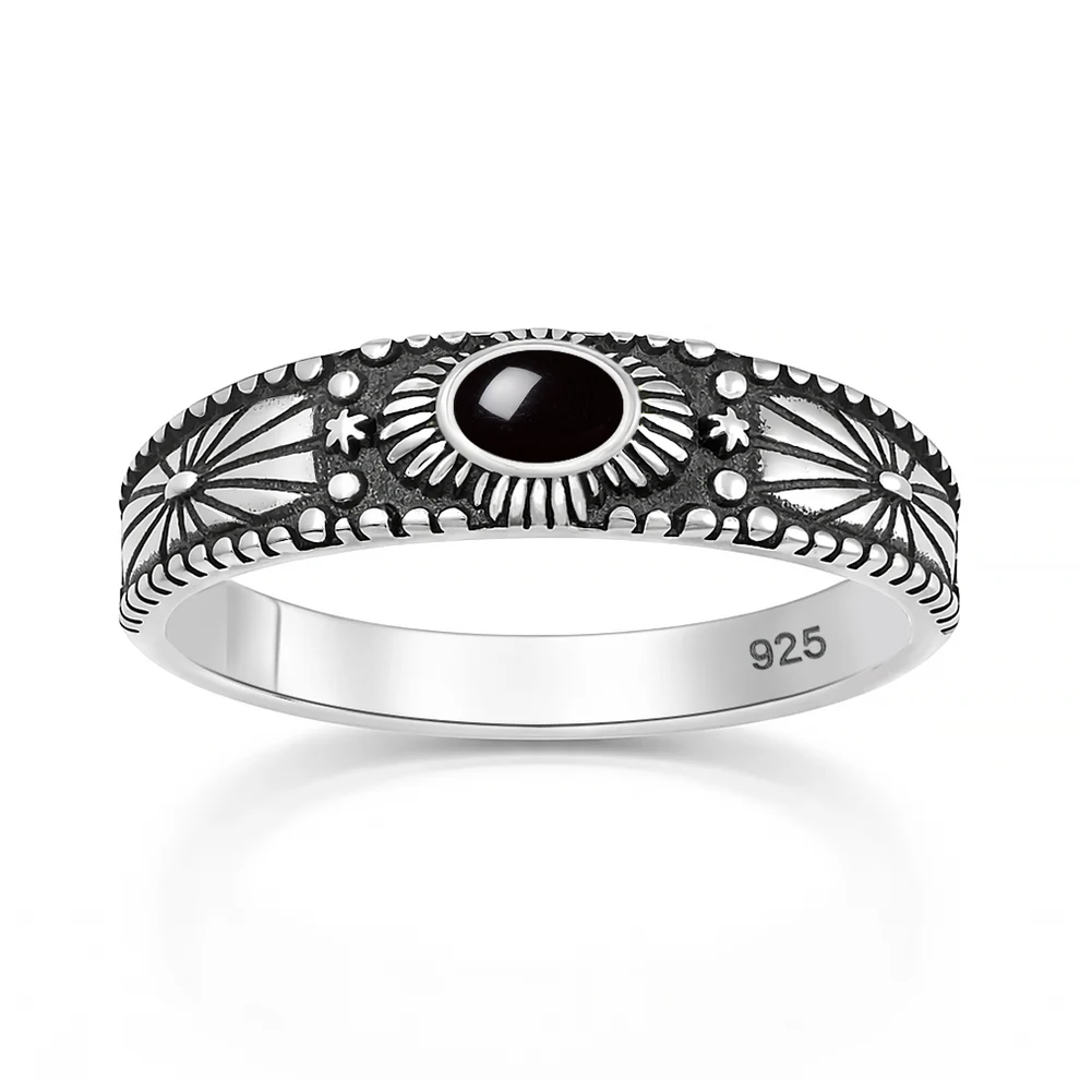Sterling Silver Oxidized And Polished Sunburst Black Onyx Stone Ring