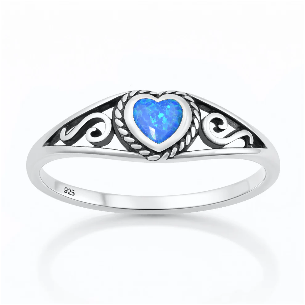 Sterling Silver Oxidized And Polished Heart Blue Lab Opal Ring
