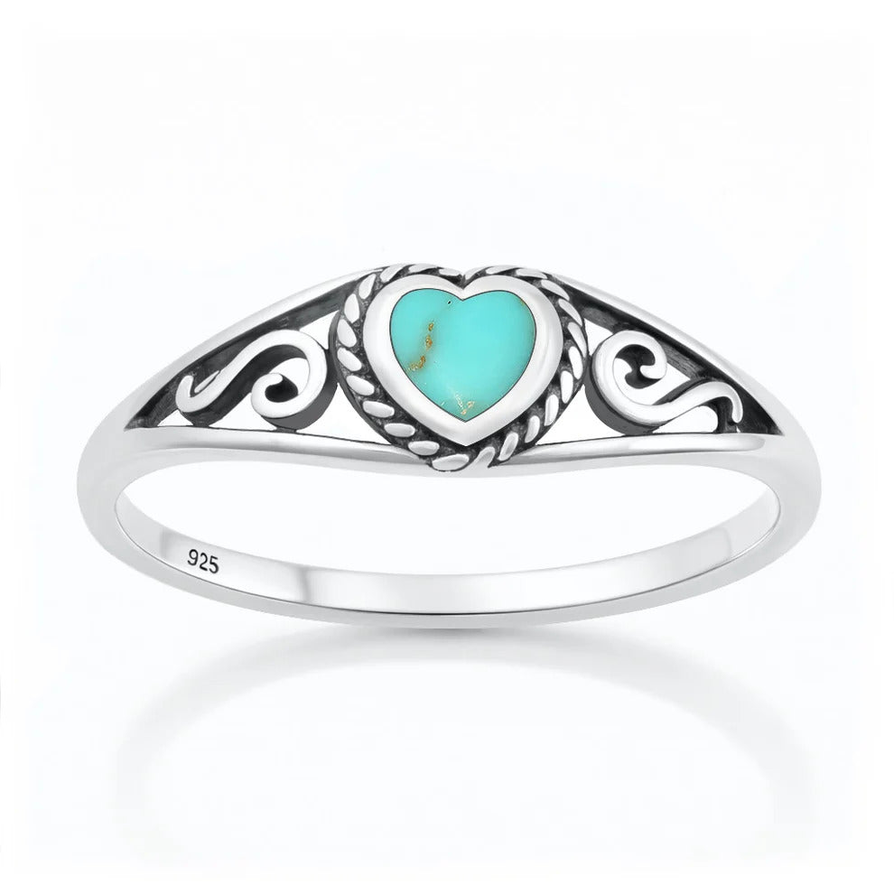 Sterling Silver Oxidized And Polished Heart Turquoise Ring