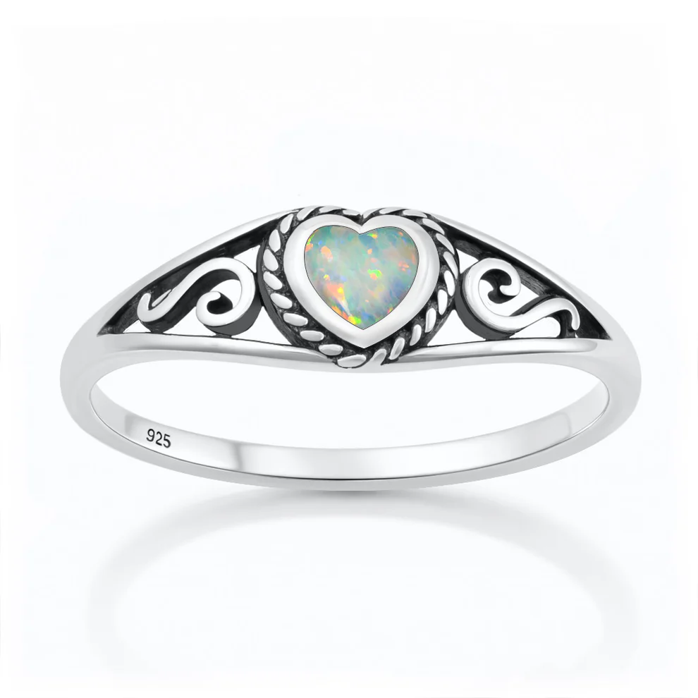 Sterling Silver Oxidized And Polished Heart White Lab Opal Ring