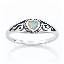Load image into Gallery viewer, Sterling Silver Oxidized And Polished Heart White Lab Opal Ring
