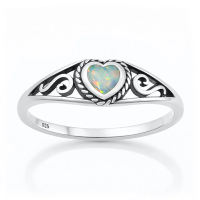 Sterling Silver Oxidized And Polished Heart White Lab Opal Ring