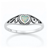 Sterling Silver Oxidized And Polished Heart White Lab Opal Ring