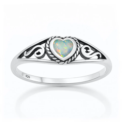 Sterling Silver Oxidized And Polished Heart White Lab Opal Ring