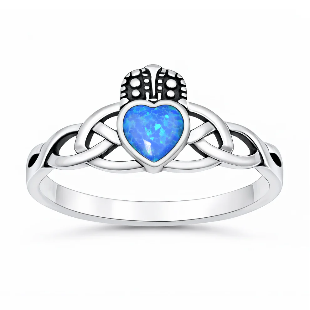 Sterling Silver Oxidized And Polished 9.2mm Claddagh Blue Lab Opal Ring