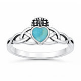 Sterling Silver Oxidized And Polished 9.1mm Turquoise Stone Claddagh Ring