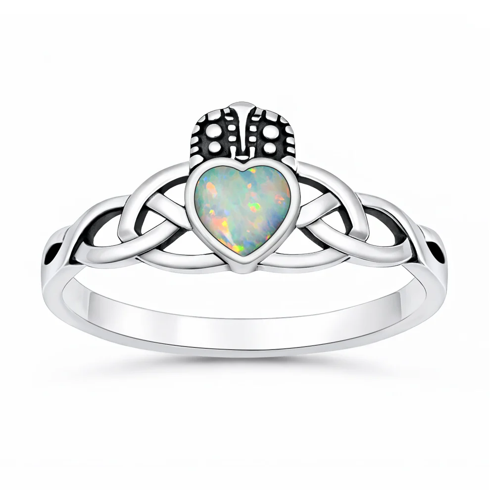 Sterling Silver Oxidized And Polished 9.2mm Claddagh White Lab Opal Ring
