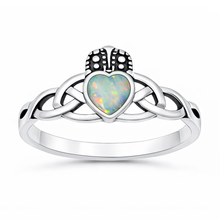 Load image into Gallery viewer, Sterling Silver Oxidized And Polished 9.2mm Claddagh White Lab Opal Ring