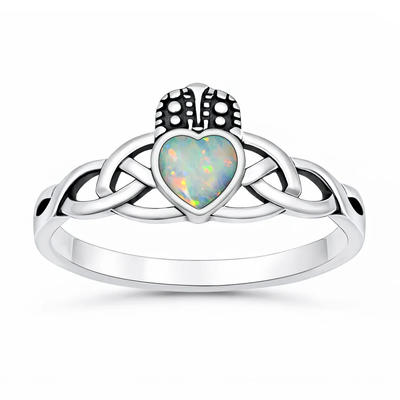 Sterling Silver Oxidized And Polished 9.2mm Claddagh White Lab Opal Ring