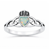 Sterling Silver Oxidized And Polished 9.2mm Claddagh White Lab Opal Ring