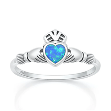 Load image into Gallery viewer, Sterling Silver Oxidized And Polished 9.6mm Claddagh Blue Lab Opal Ring