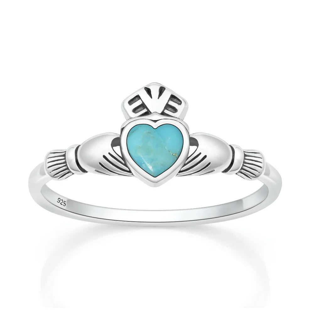 Sterling Silver Oxidized And Polished Claddagh Turquoise Stone Ring