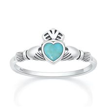 Load image into Gallery viewer, Sterling Silver Oxidized And Polished Claddagh Turquoise Stone Ring