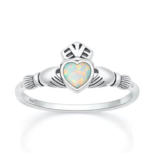 Load image into Gallery viewer, Sterling Silver Oxidized And Polished 9.6mm Claddagh White Lab Opal Ring