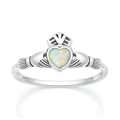 Sterling Silver Oxidized And Polished 9.6mm Claddagh White Lab Opal Ring
