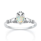 Sterling Silver Oxidized And Polished 9.6mm Claddagh White Lab Opal Ring