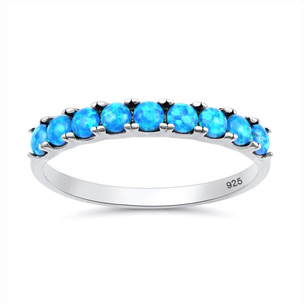 Sterling Silver Oxidized And Polished Blue Lab Opal Half Eternity Band Ring
