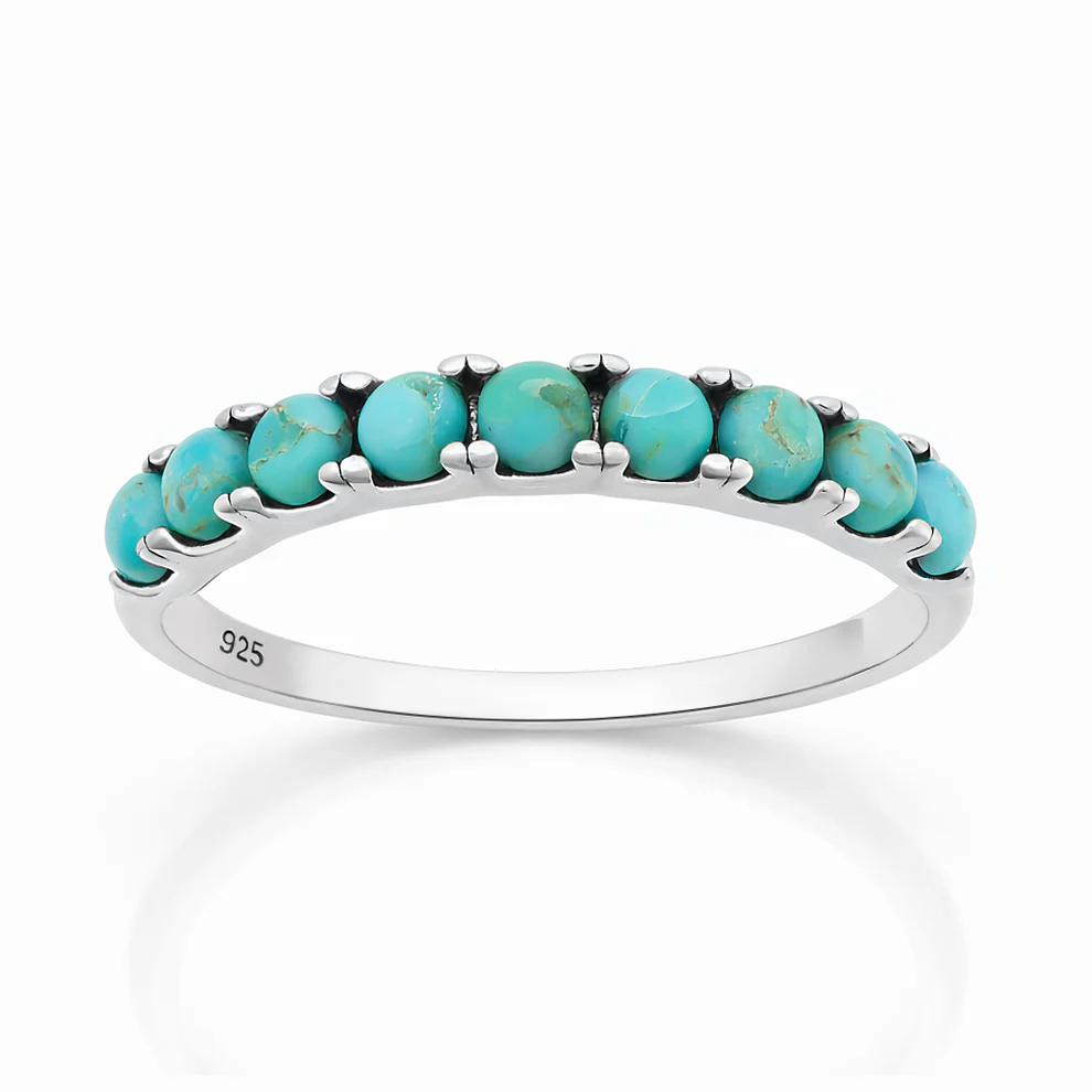 Sterling Silver Rhodium Plated Half Eternity Band Turquoise Stone Ring