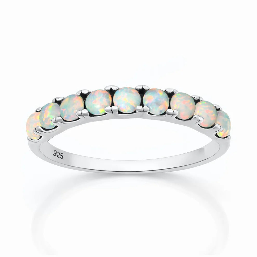 Sterling Silver Rhodium Plated White Lab Opal Half Eternity Band Ring