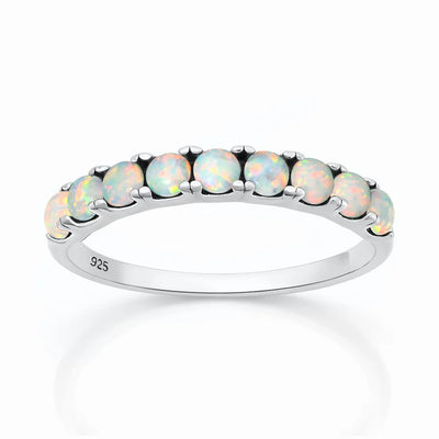 Sterling Silver Rhodium Plated White Lab Opal Half Eternity Band Ring
