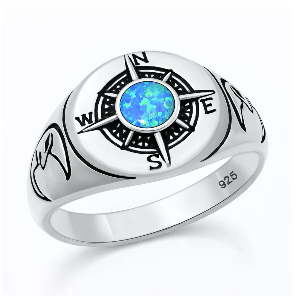 Sterling Silver Oxidized And Polished Compass Blue Lab Opal Ring