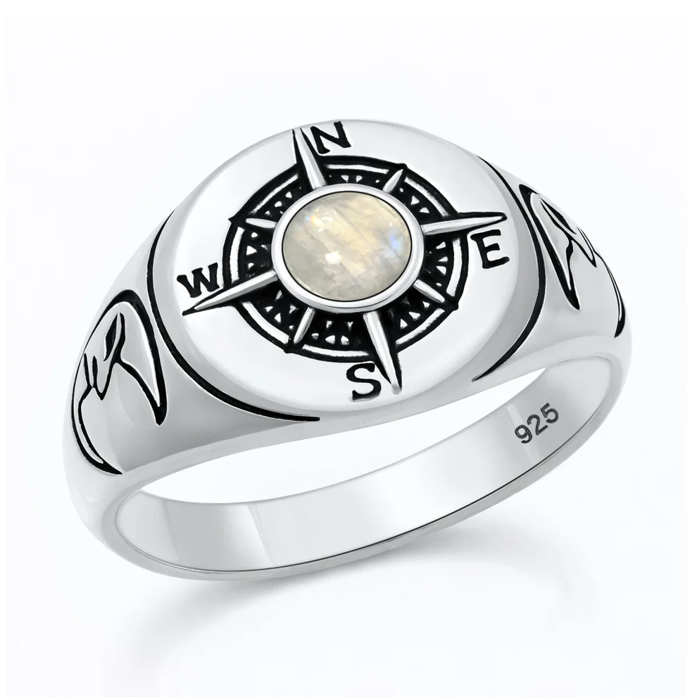 Sterling Silver Oxidized And Polished Compass Moonstone Ring