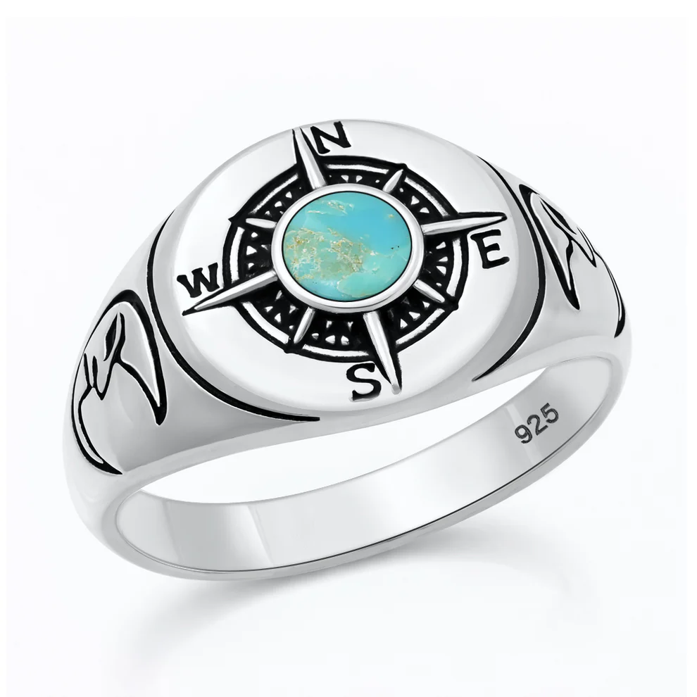 Sterling Silver Oxidized And Polished Compass Turquoise Stone Ring