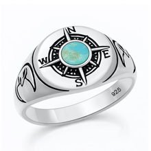 Load image into Gallery viewer, Sterling Silver Oxidized And Polished Compass Turquoise Stone Ring