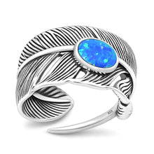 Load image into Gallery viewer, Sterling Silver Oxidized And Polished Blue Lab Opal Feather Ring