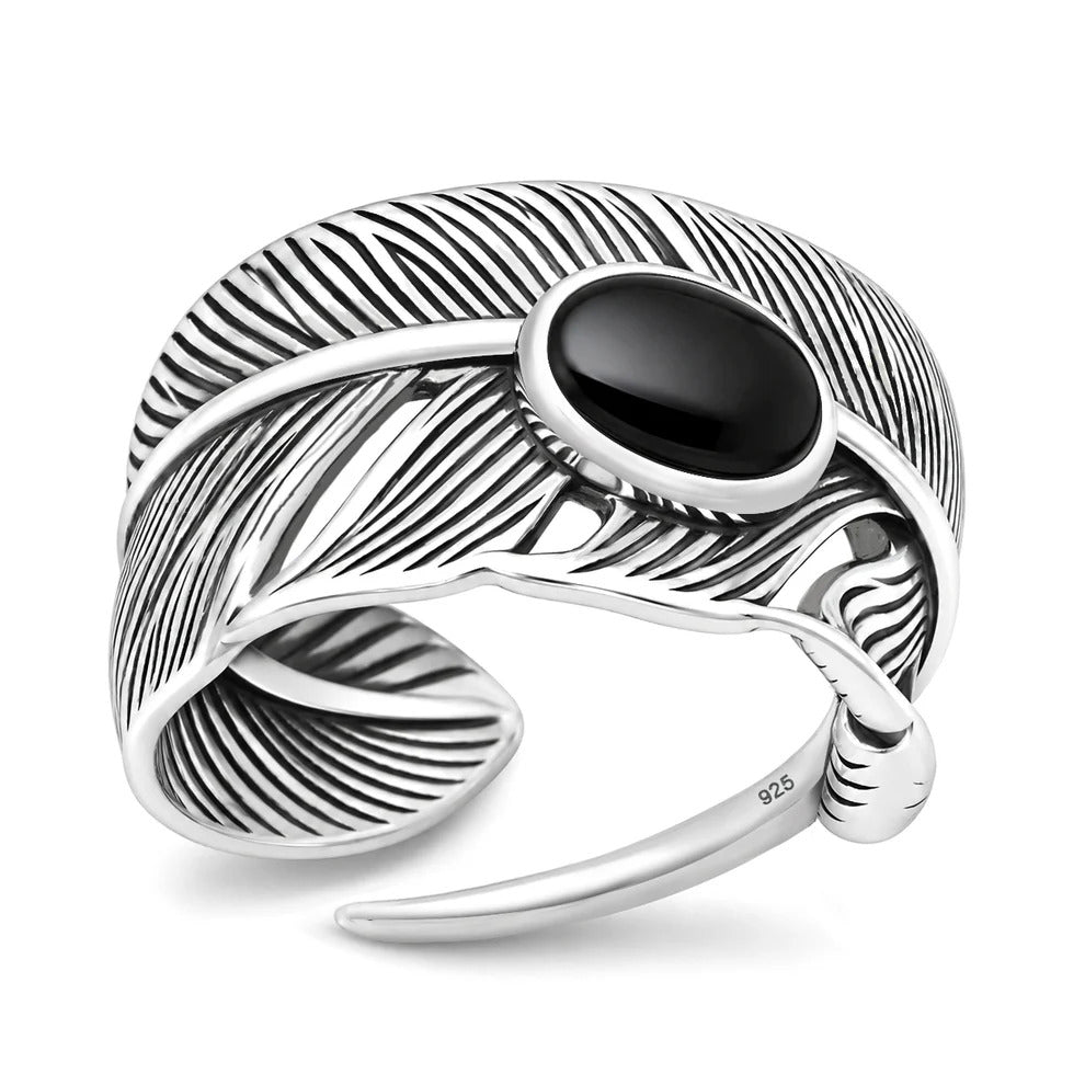 Sterling Silver Oxidized And Polished Black Onyx Feather Ring