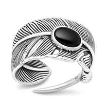 Load image into Gallery viewer, Sterling Silver Oxidized And Polished Black Onyx Feather Ring