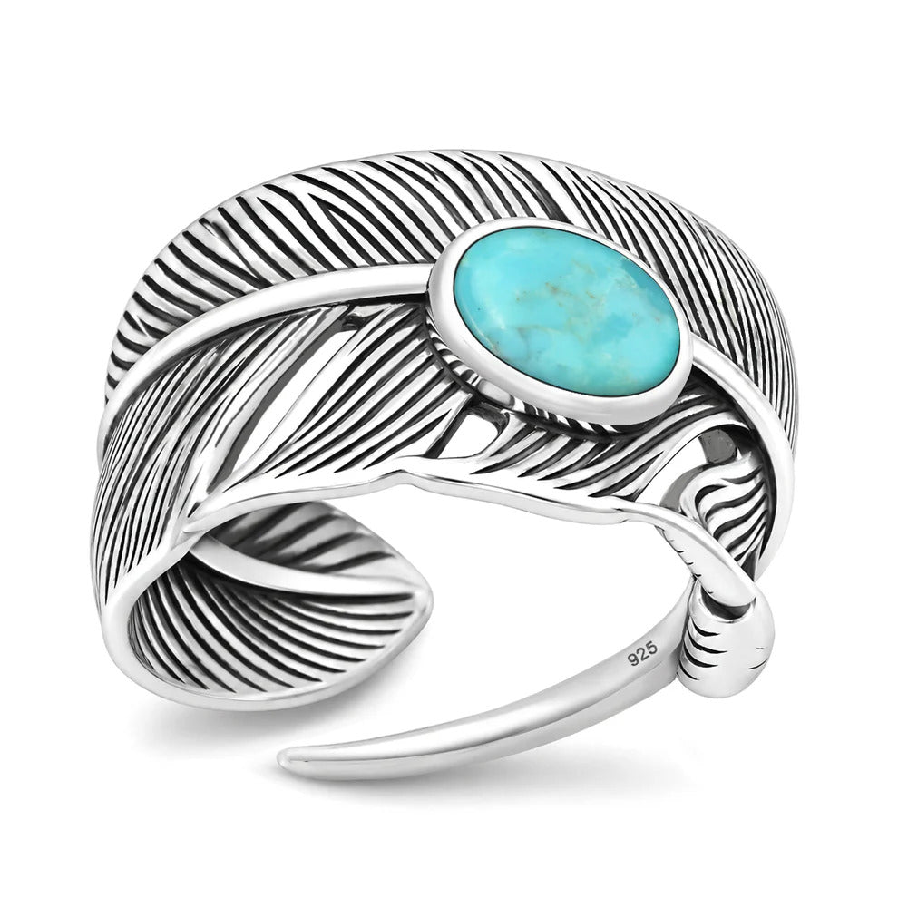 Sterling Silver Oxidized And Polished Feather Turquoise Stone Ring