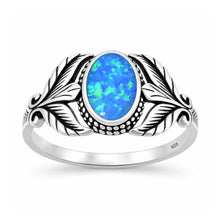 Load image into Gallery viewer, Sterling Silver Oxidized And Polished Leaf Blue Lab Opal Ring