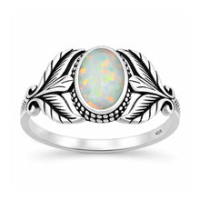 Load image into Gallery viewer, Sterling Silver Oxidized And Polished Leaf White Lab Opal Ring