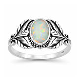 Sterling Silver Oxidized And Polished Leaf White Lab Opal Ring