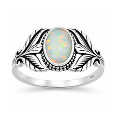 Sterling Silver Oxidized And Polished Leaf White Lab Opal Ring