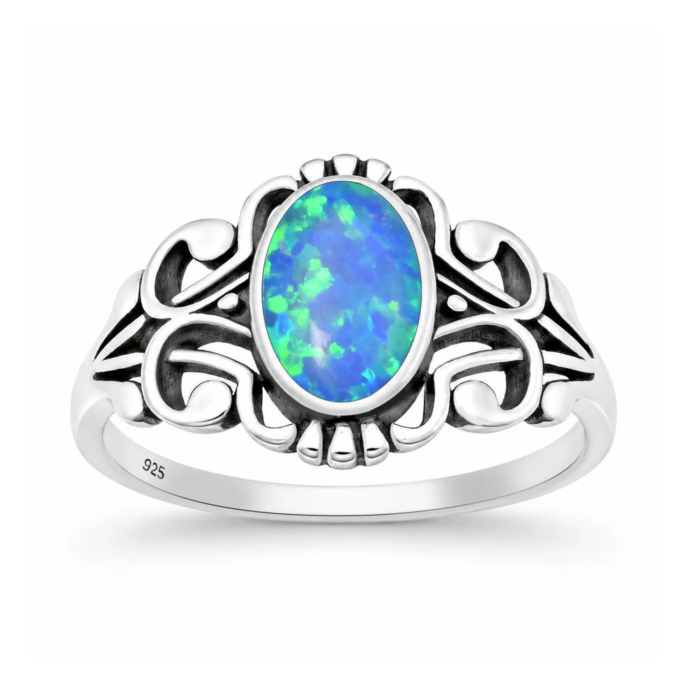 Sterling Silver Oxidized And Polished Scroll Blue Lab Opal Ring