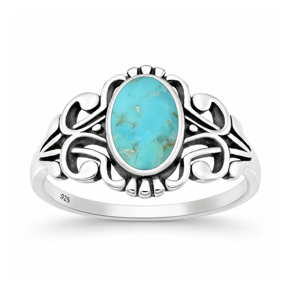 Sterling Silver Oxidized And Polished Scroll Turquoise Stone Ring