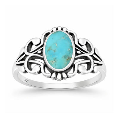 Sterling Silver Oxidized And Polished Scroll Turquoise Stone Ring