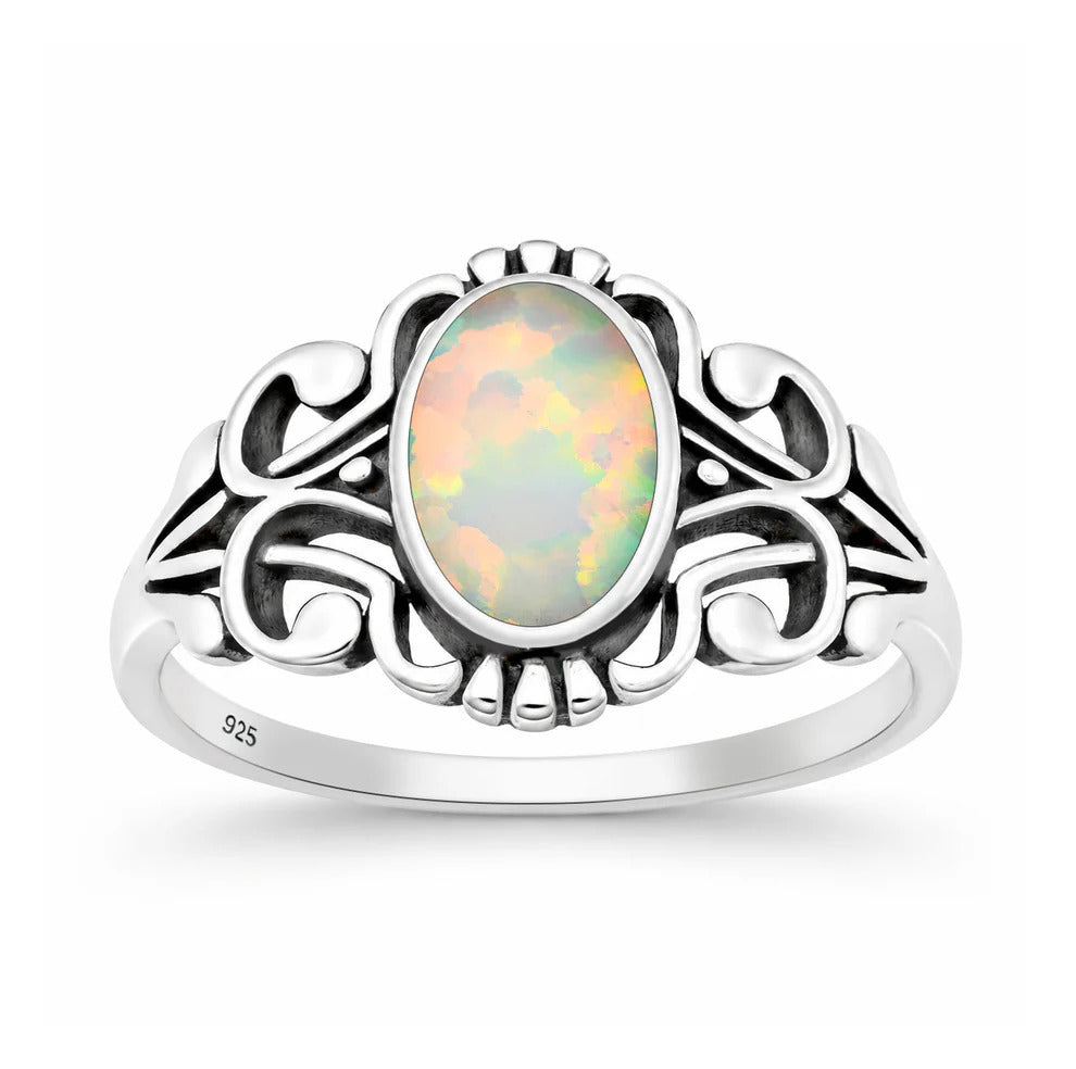 Sterling Silver Oxidized And Polished Scroll White Lab Opal Ring